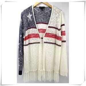 Lane Bryant Cream Beige Blue Red Open Front 4th of July Cardigan w/ Tassels EUC